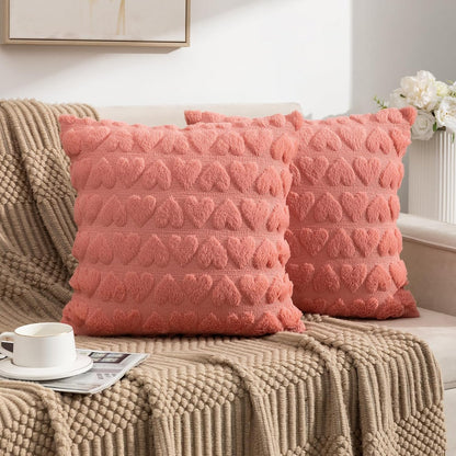 Valentines Throw Pillow Covers 16x16 Set of 2, Home Decor Spring Pillow Covers Heart Love Couch Cushion Cover, Soft Plush Faux Fur Pillowcase for Living Room Sofa Bed, Peach