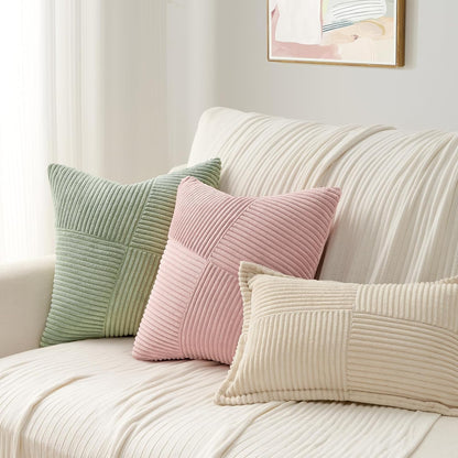 Topfinel Set of 2 Pink Decorative Yellow Throw Pillow Covers 18x18 Inch for Couch Sofa Bed, Farmhouse Boho Rustic Home Decor,Soft Corduroy Windmill Textured Striped Patchwork Cushion Cases