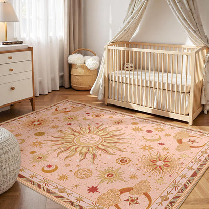 5x7 Area Rugs, Washable Vacuum-Friendly Non-Slip Rug Vintage Boho Gothic Sun and Moon Printed Pattern Low Pile Carpet for Living Room Bedroom Dining Room Hallway Entryway,Pink Gold Beige Red