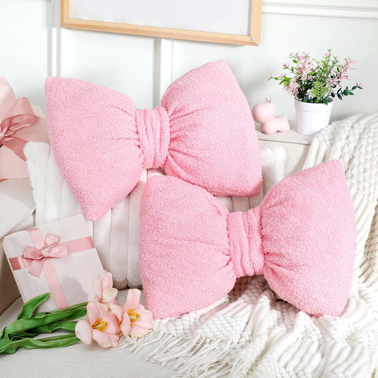 Beeveer 2 Pcs Pink Bow Pillows Decorative 15.35 x 11.4 Fluffy Cute Bow Throw Pillows Aesthetic Girly Preppy Decor for Couch Bed Bedroom Coquette Room Decor