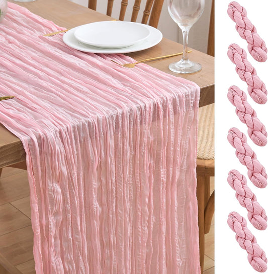 Asee'm 6pcs Cheesecloth Table Runner 120 Inches Blushing Pink Boho Gauze Cheese Cloth Runner 10FT Rustic Sheer Table Runners for Summer Wedding Baby Shower Holiday Party Decoration