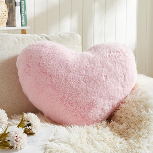 EastTree Heart Pillows, Pink Heart Shaped Pillows, Love Throw Pillows Gifts, Ultra Soft Faux Rabbit Fur Cute Pillows, Women Girls Kid Room Decor 10x13 Inch