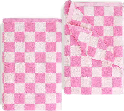Jacquotha Pink Checkered Beach Towels Oversized 35" x 70" - Extra Large Lightweight Cotton Towels for Pool and Swim Days, Set of 2