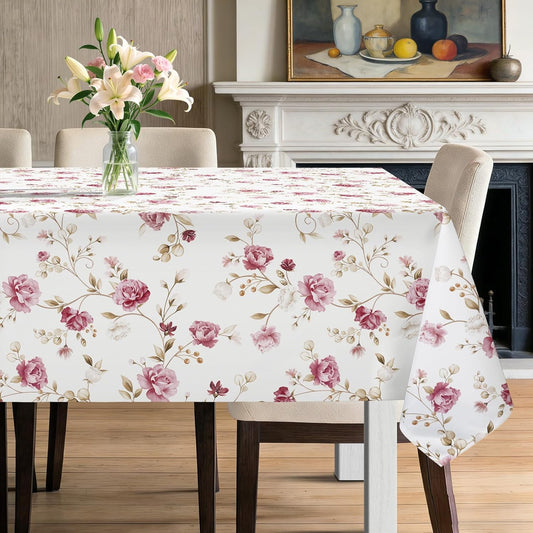 Vintage Table Cloth Rectangle Pink Floral Washable Wipeable Polyester Tablecloth Stain Wrinkle Resistant Waterproof Oil Proof Kitchen Decor Table Cover for Dinner Picnic Camping 60x84inch