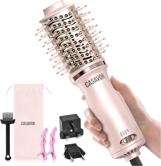 Dual Voltage Hair Dryer Brush for Travel,4 in 1 Blow Dryer Brush,2 Inch Mini Hot Air Brush for Short Hair,Volumizer,110-240V Dual Voltage with European Plug Adapter,OvalBrushBlowDryer for Women(Pink)