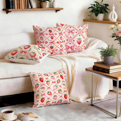 OBSEDE Pink Bow Strawberry Throw Pillow Covers 18 × 18 in, Set of 4, Couch Cushion Cases Inserts for Sofa Bed Living Room Home Decor, Single Side Print