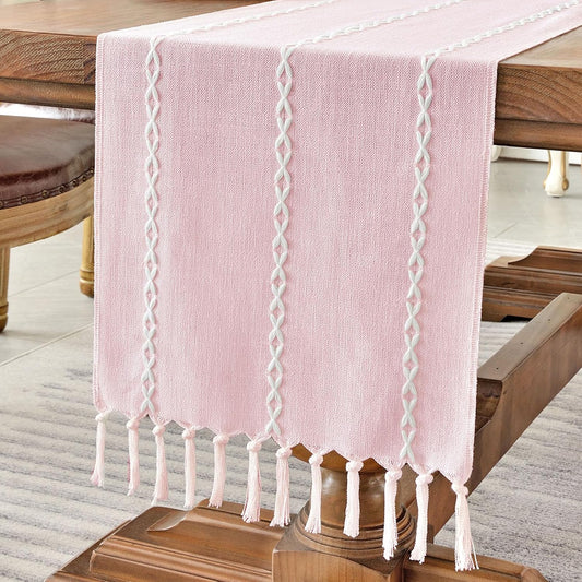 Wracra Rustic Linen Table Runner, Pink Table Runners 36 inches Long | Raised Embroidered Design and Hand-Tassels,Cotton Linen Woven Fabric, Farmhouse Table Runner,Home Kitchen Dining Decor