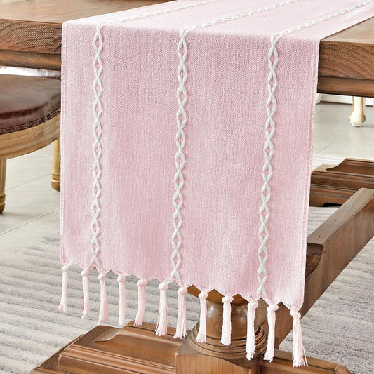 Wracra Rustic Linen Table Runner, Pink Table Runners 60 inches Long | Raised Embroidered Design and Hand-Tassels,Cotton Linen Woven Fabric, Farmhouse Table Runner,Home Kitchen Dining Decor