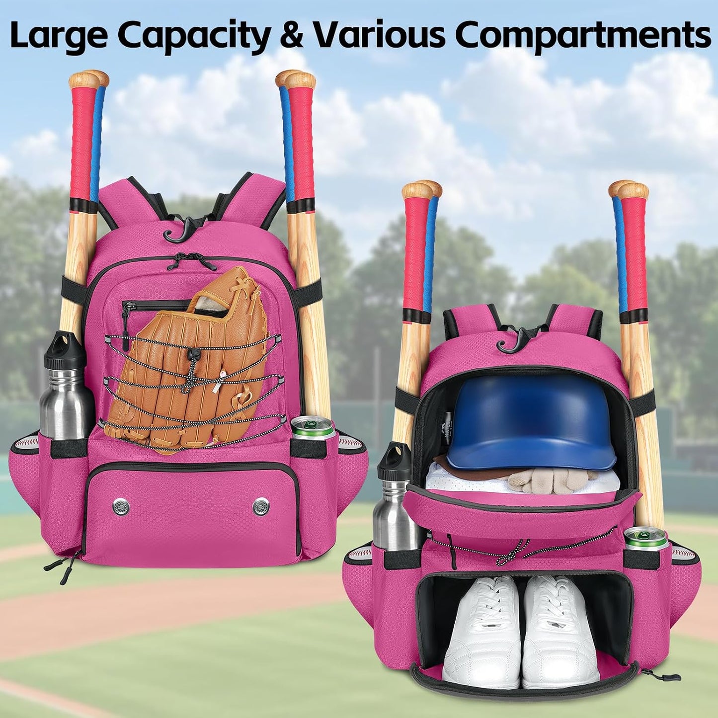 MATEIN Baseball Bat Bag for 4 Bats with Ball Pocket, Lightweight Youth Baseball Backpack with Shoe Compartment, Large Capacity Softball Equipment Bag with Fence Hook for TBall Gear, Helmet, Glove