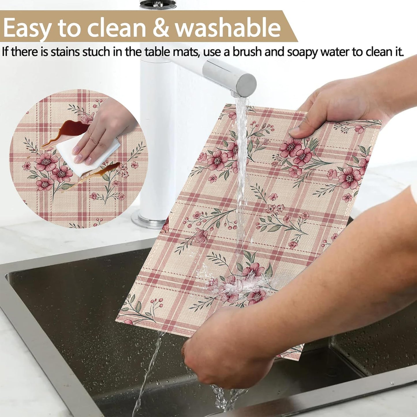 Placemats Set of 6, Cute Flowers Pink Linen Placemats 12x18 Inch, Heat Resistant Table Mats, Washable Non Slip Place Mats for Dining Table Kitchen Home