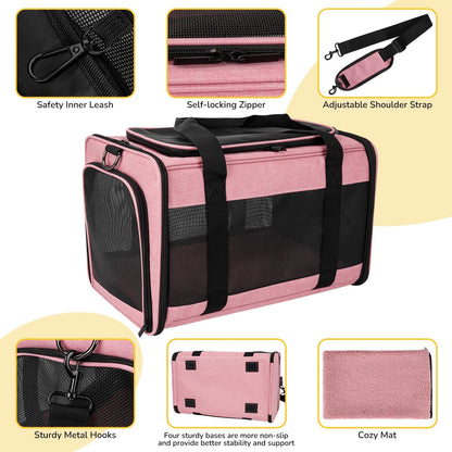Hipubby Cat Carrier Dog Carrier for Pets Up to 16 Lbs, Soft-Sided Pet Travel Carrier for Cats and Small Dogs, Airline Approved Pet Carrying Case with Shoulder Strap & Removable Mat - Pink