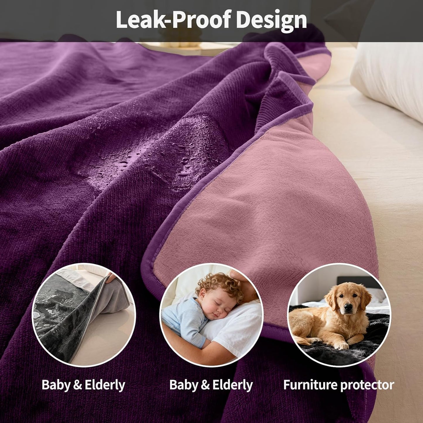 Deep Dream Waterproof Blanket for Bed, King Size Reversible Soft Flannel Love Blanket for Couples Washable, Spill-Proof Bed Blanket Dog Blanket for Sofa, Bed,Travel (80"x90", Rose Purple/Pink)