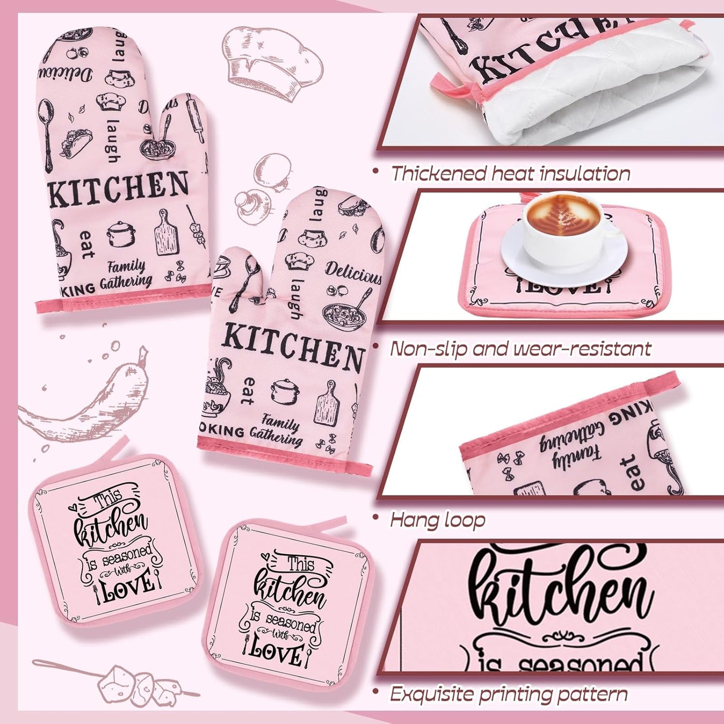 Fourluoo 10 Pcs Funny Pink Kitchen Decor Set 4 This Kitchen is Seasoned with Love Dish Towel 2 Pot Holders with Sayings 2 Oven Mitts Glove Rustic Non Slip Rug and Mat for Home Decoration Mom Gift