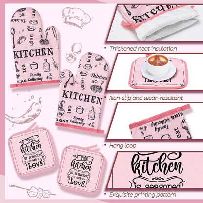 Fourluoo 10 Pcs Funny Pink Kitchen Decor Set 4 This Kitchen is Seasoned with Love Dish Towel 2 Pot Holders with Sayings 2 Oven Mitts Glove Rustic Non Slip Rug and Mat for Home Decoration Mom Gift