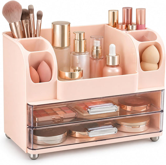 Large Makeup Organizer for Vanity, No Assembly Cosmetic Display Case with 2 Clear Drawers & Brush Holders, 2-in-1 Skincare Storage Box for Bathroom Countertop, Vintage Green, Cherry Blossom Pink