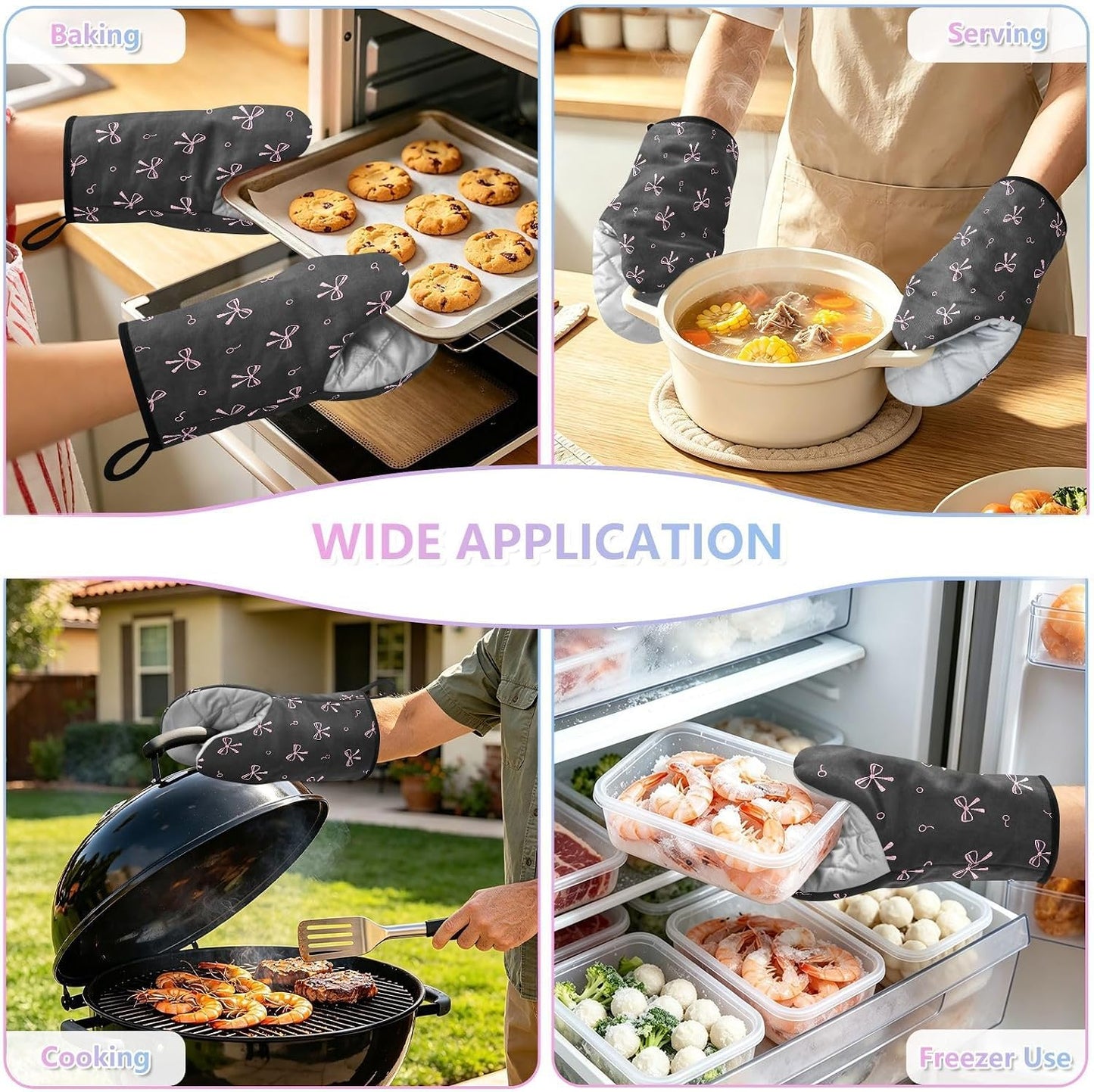 Pink Bows Black Non-Slip Oven Mitts Set Heat Resistant Kitchen Gloves with Quilted Liner Cotton Machine Washable with Hanging Loop for Baking Grilling BBQ