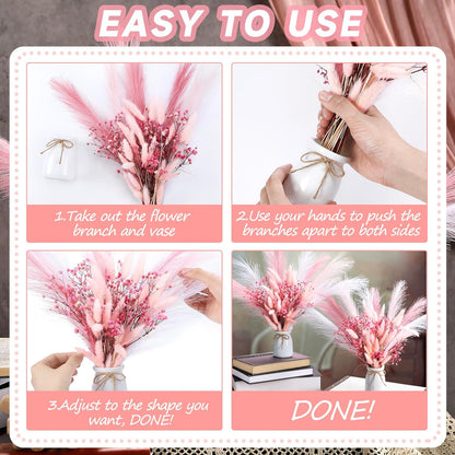 Geelin 2 Set Pink Flowers Artificial Faux Pampas Grass Gypsophila Decor Silk Pink Bunny Tails Dried and Baby Breath Flowers with White Vase Bouquets for Home Wedding Coquette Party Table Centerpieces