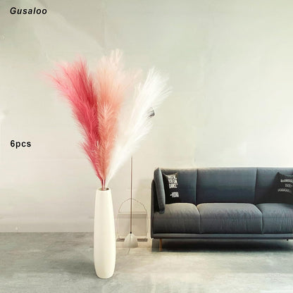 6 Pcs Artificial Pampas Grass Large, 47"/121cm Fake Faux Artificial Pampas Grass Decor Tall Stems Fluffy Pompous Pompass Branch Floor Vase Filler for Home Decor Boho Decor Wedding Mix Pink
