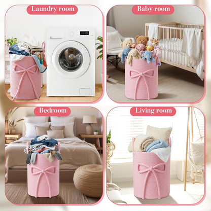 Glooglitter Pink Bow Laundry Basket Large Cotton Rope Storage Basket 16'' x 22'' Woven Laundry Hamper with Handles for Clothes Blanket Pillow Towels Living Room Bathroom Decor