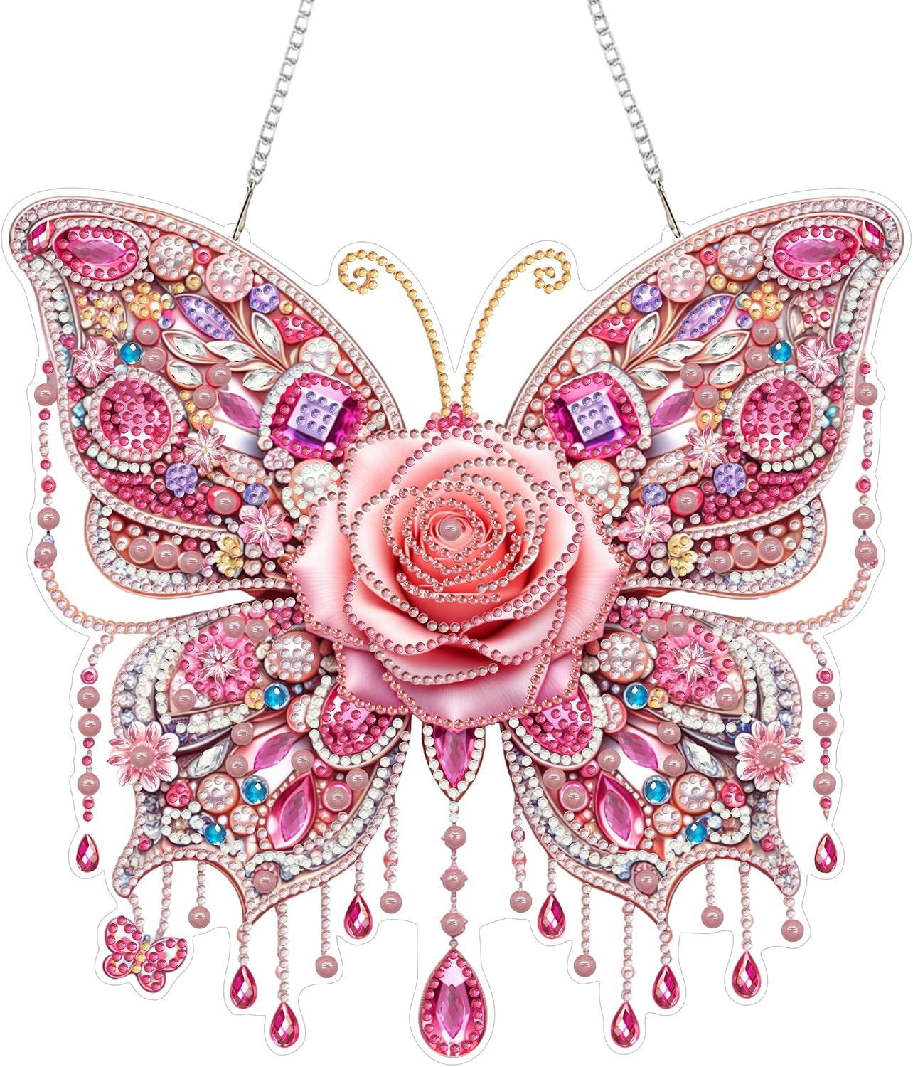 Yunzlly DIY Hanging Diamond Art Pendant Kit, Special Crystal Double Sided Diamonds Painting Ornament Kit for Adults, Acrylic Gem Painting Board for Window&Door&Wall (Pink Butterfly)