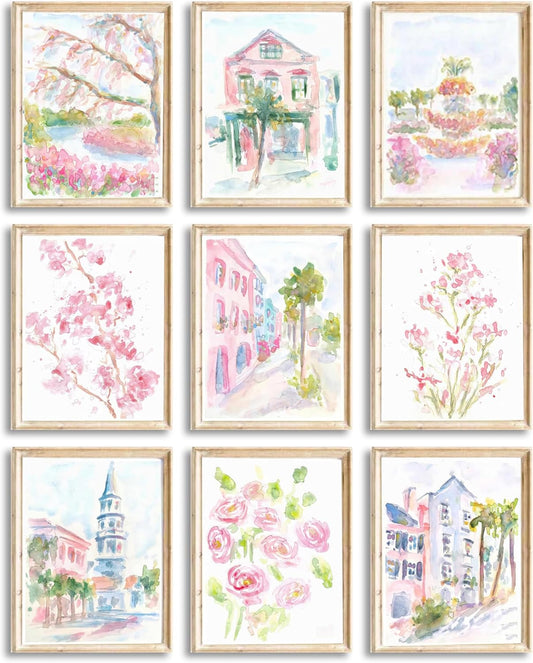 Charleston South Carolina Wall Art Pastel Pink Watercolor Eclectic Flower Painting Pictures Wall Decor Coquette Church Posters Prints for Bedroom Living Room Girls Room Scenario Home Decoration