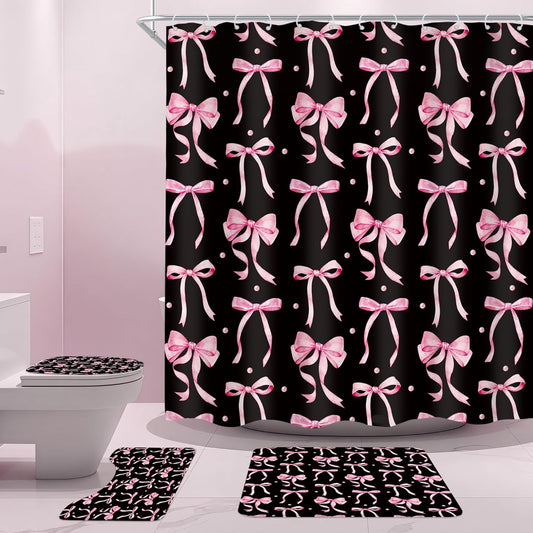 4Pcs Black Pink Bow Shower Curtain Set, Retro Coquette Vintage Girly Preppy Cute Fashion Pretty Sweet Bathroom Curtain with Rug, Toilet Lid Cover, Bath Mat, Girls Shower Curtain with 12 Hooks