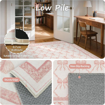 GENIMO Area Rugs 3X5 for Living Room Bedroom, Machine Washable Non Slip Flower Bow Rug, Low Pile Soft Cute Floral Rug for Dining Room Girls Room Nursery Room and Playroom, Pink Bow