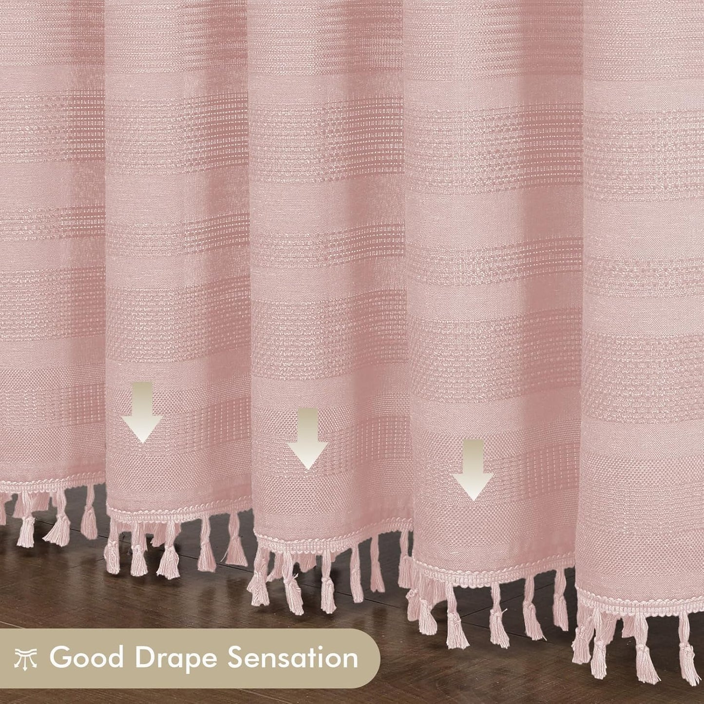 OVZME Pink Shower Curtain for Bathroom, Boho Linen Textured Shower Curtain with Tassel, Rustic Striped Heavy Duty Vintage Country Bathroom Curtain, 72Wx72L Inches