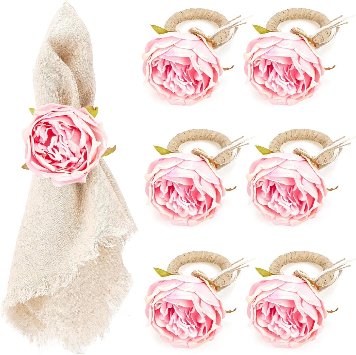 Handcraft Pink Rose Napkin Rings – 6-Pack Handmade Flower Napkin Holders with Jute Wrapped for Romantic Tablescapes, Birthday, Christmas, Thanksgiving, Weddings & Gifting