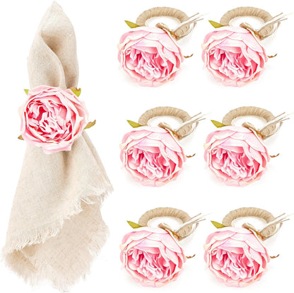 Handcraft Pink Rose Napkin Rings – 6-Pack Handmade Flower Napkin Holders with Jute Wrapped for Romantic Tablescapes, Birthday, Christmas, Thanksgiving, Weddings & Gifting