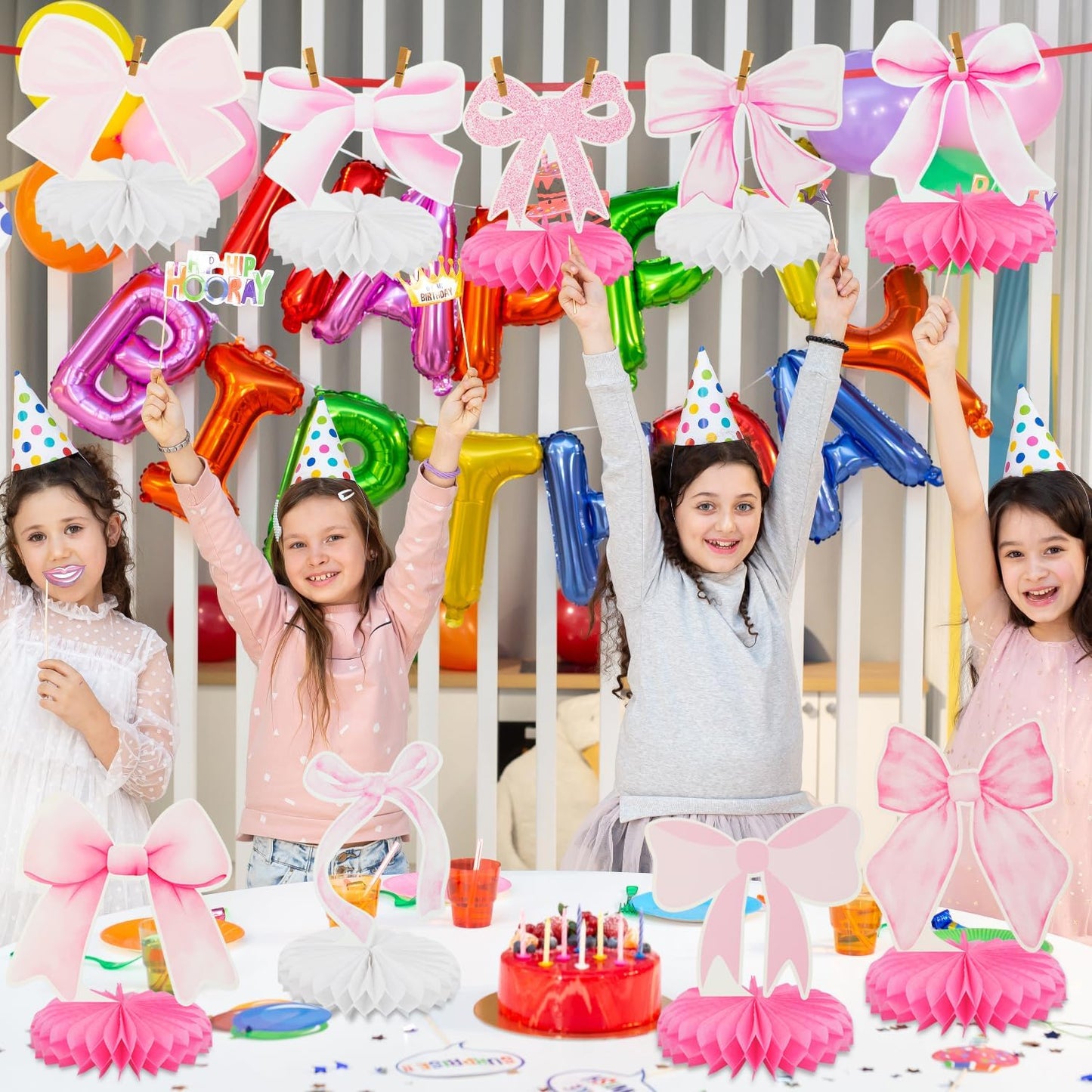 9Pcs Pink Bow Party Honeycomb Centerpieces Decorations, Pink Bow Coquette Birthday Table Decor, 3D Bow Decorations for Birthday Bachelorette Bridal Party