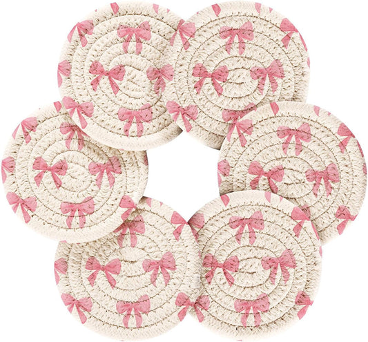 Bar Coasters for Drink with Holder Light Pink Bows Watercolor Coaster Set of 6 Cotton Woven Coaster for Coffee Table, Bistro Tabletop,Kitchen Home Decor