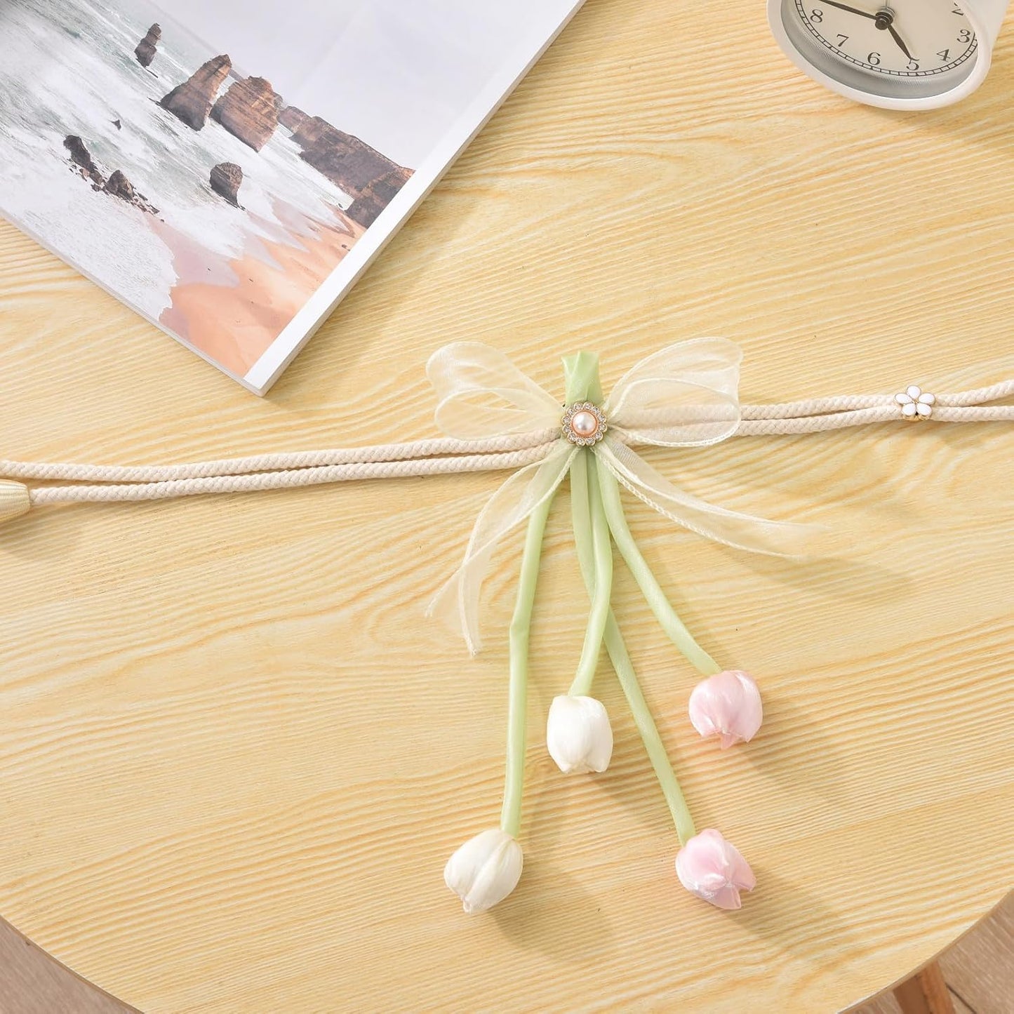 SUQ I OME 1 Pair of 100% Handmade Tulip Flower Curtain Tiebacks with Bowknot,Curtain Ties,Curtain Holdbacks,Pink
