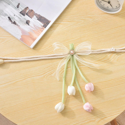 SUQ I OME 1 Pair of 100% Handmade Tulip Flower Curtain Tiebacks with Bowknot,Curtain Ties,Curtain Holdbacks,Pink