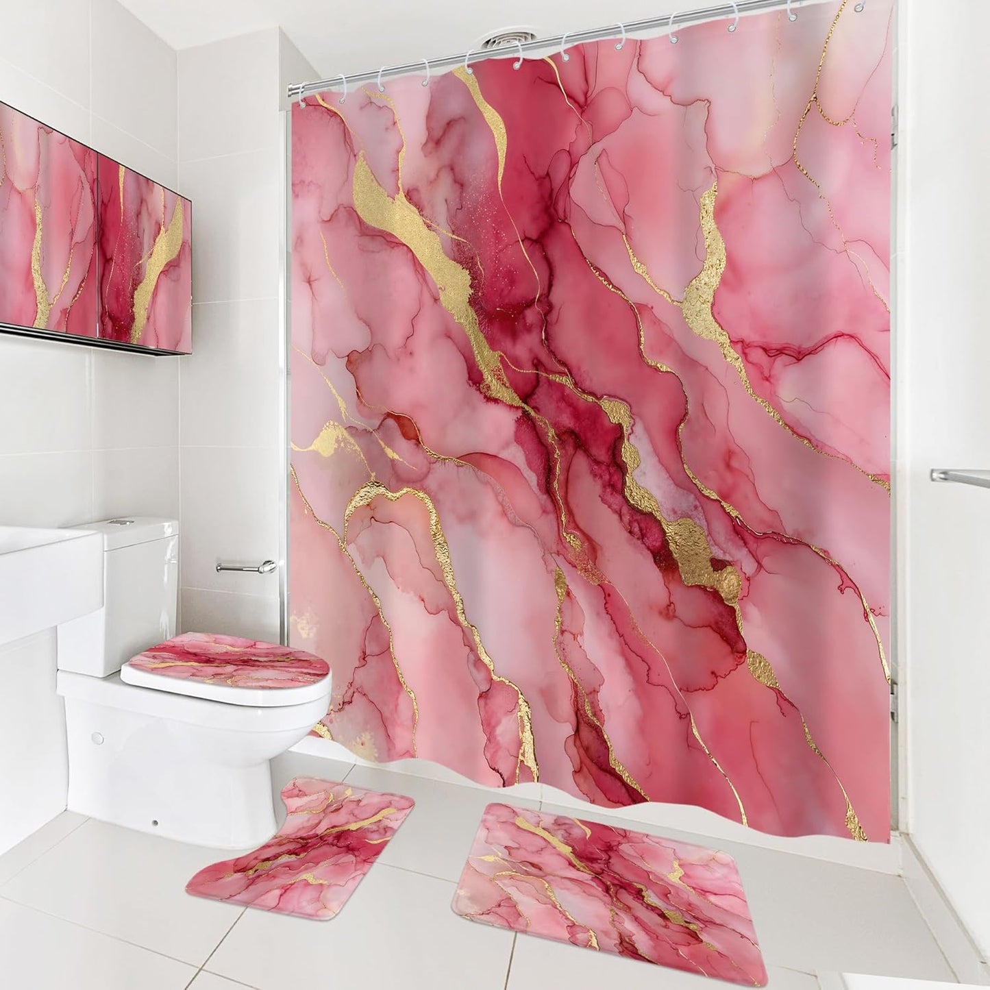 4Pcs Pink Gold Marble Shower Curtain Set, Abstract Modern Cracked Lines Luxury Minimalist Girly Bathroom Curtain with Rug, Toilet Lid Cover, Bath Mat, Aesthetic Shower Curtain with 12 Hooks