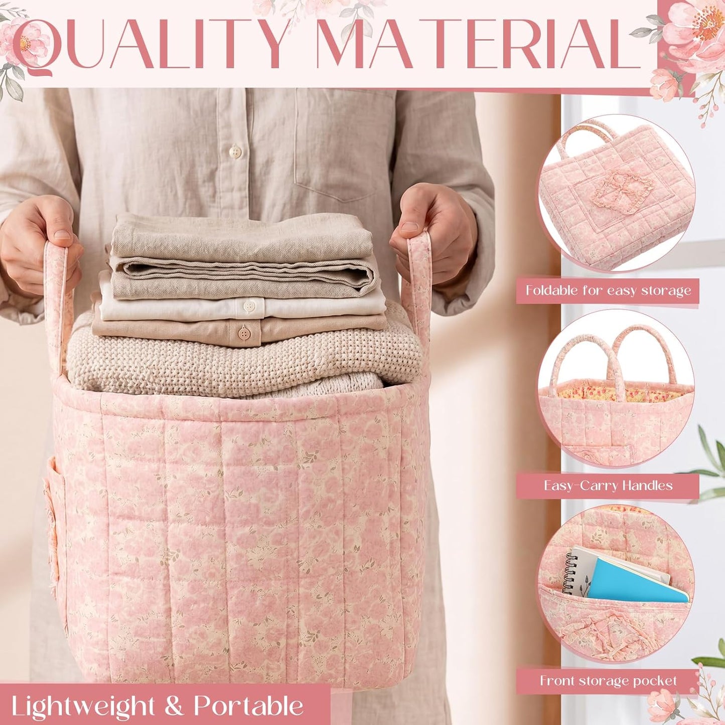 2 Pcs Quilted Fabric Storage Basket with Handles 13"x11"x10.6" Boho Foldable Laundry Organizer Bin for Home Picnic Shopping Travel (Pink,Flower)