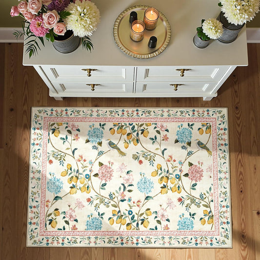 jinchan Area Rug 2x3, Floral Washable Indoor Entryway Doormat Chinoiserie Throw Non Slip, Low Pile Small Botanical Soft Rugs Retro Carpet for Bedroom Bathroom Decor Beige/Pink