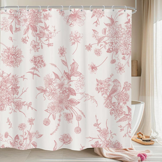 Pink Floral Shower Curtain 72Wx84H Inches Extra Long Vintage Boho Bird Rustic Farmhouse Chinoiserie Aesthetic Cream Cloth Fabric Waterproof Polyester Bathroom Home Decor Set with Hooks
