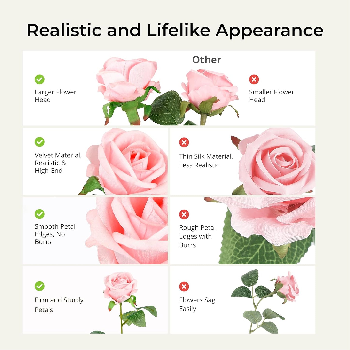 Auihiay 14PCS Pink Fake Roses, Artificial Roses Flowers with Long Stems for Mother's Day, Valentine's Day, Wedding Bouquet, Baby Shower, Birthday, Home & Party Decor