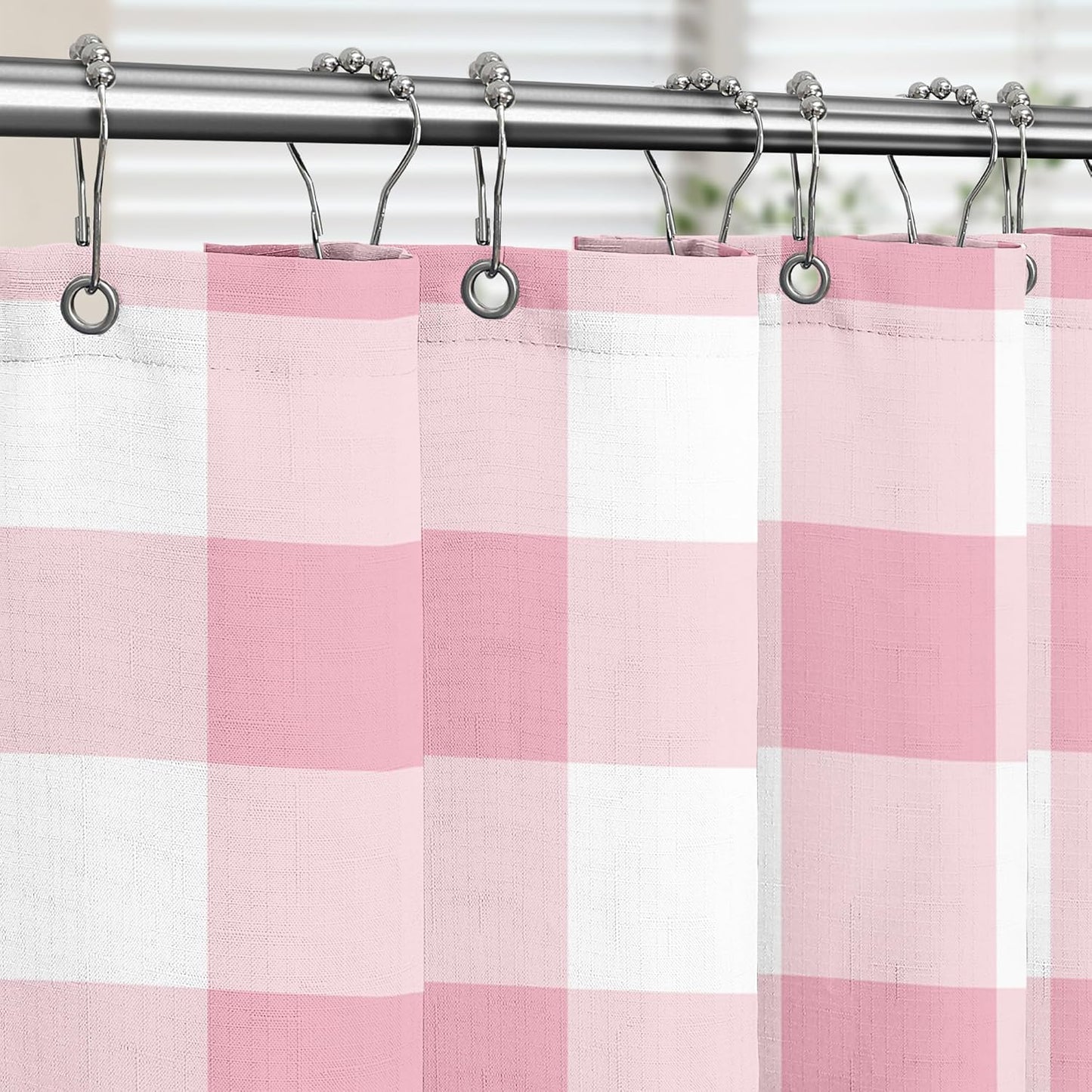 Tititex Classic Gingham Plaid 140gsm Faux Linen Fabric Shower Curtain, Pink Buffalo Grid Shower Curtain Sets Decoration 72x72 Inch with Hooks