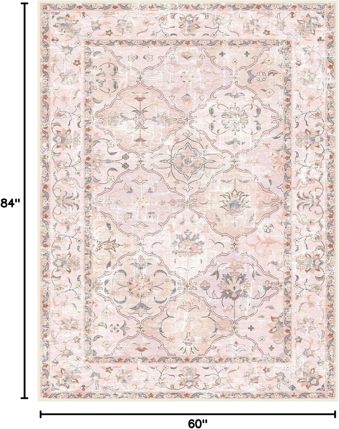 Boho Vintage Area Rugs 5×7 Washable Non-Slip Traditional Pink Carpet for Nursery Living Room Bedroom Dining Room Girls' Room