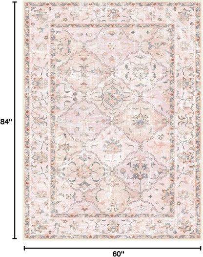 Boho Vintage Area Rugs 5×7 Washable Non-Slip Traditional Pink Carpet for Nursery Living Room Bedroom Dining Room Girls' Room
