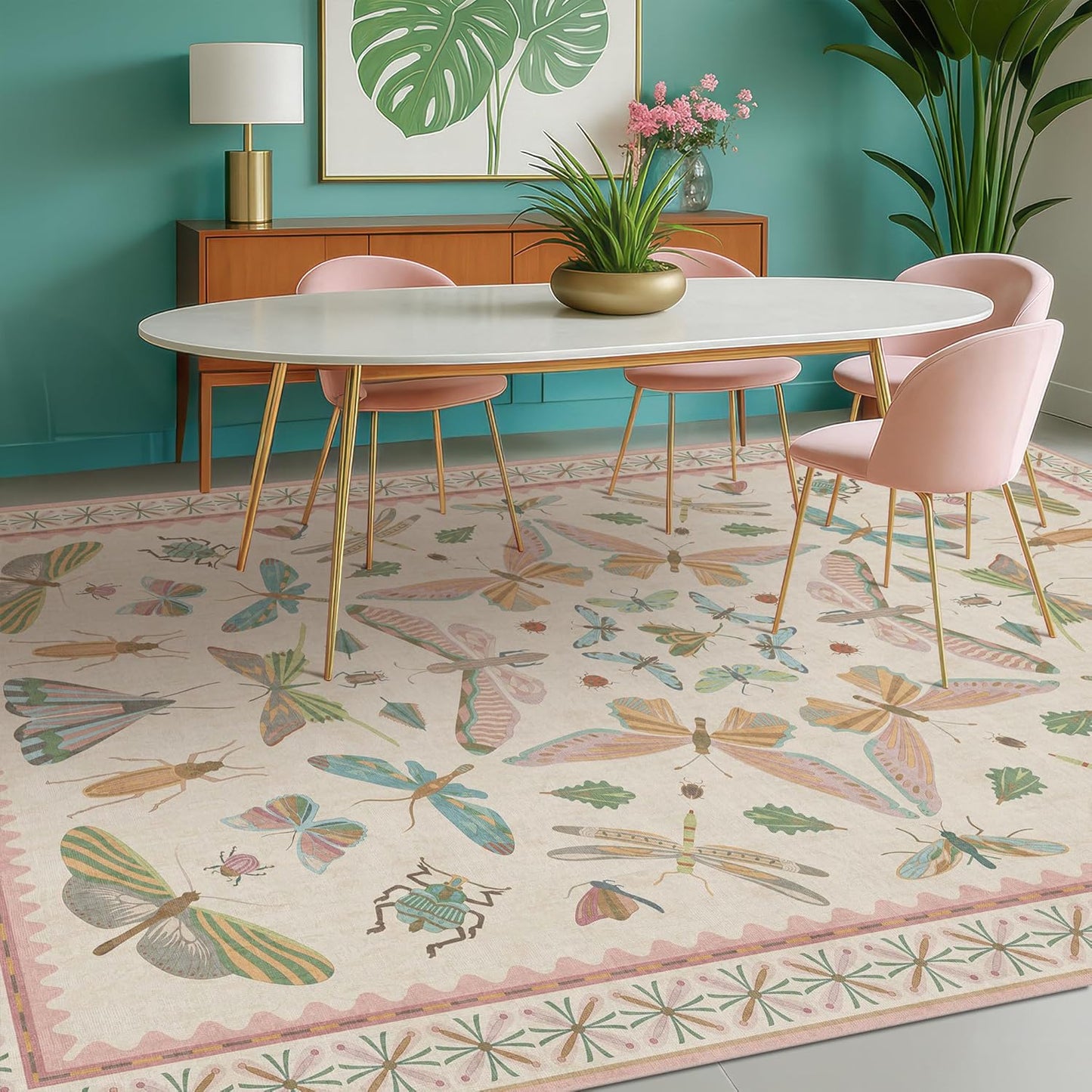 Hazo Haus Cute Rugs for Bedroom Girls - Pink Living Room Rugs 8X10, Dining Room Table, Washable Pastel Flower Insect Print Whimsical Décor
