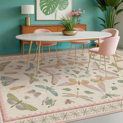 Hazo Haus Cute Rugs for Bedroom Girls - Pink Living Room Rugs 8X10, Dining Room Table, Washable Pastel Flower Insect Print Whimsical Décor