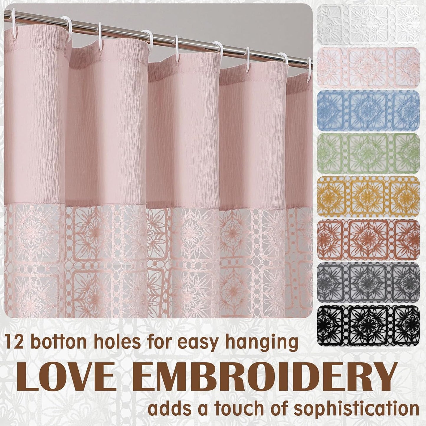 OVZME Blush Pink Boho Shower Curtain 72 Inch Long for Bathroom, Heavy Weighted Textured Crinkle Fabric Shower Curtains with Embroidery Cutwork, Machine Washable Elegant Luxury Bath Curtain, 72Wx72L