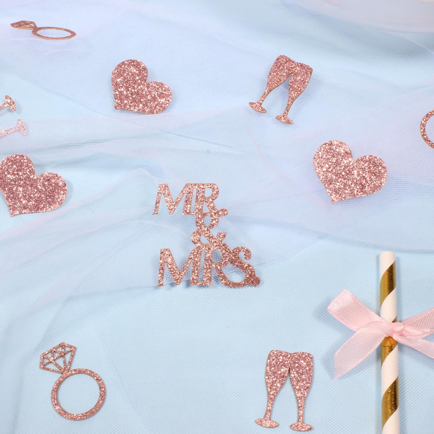 200PC Rose Gold Wedding Confetti for Bridal Shower Decorations Heart Ring Mr&Mrs Table Scatter for Bachelorette Engagement Party Decorations