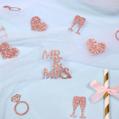 200PC Rose Gold Wedding Confetti for Bridal Shower Decorations Heart Ring Mr&Mrs Table Scatter for Bachelorette Engagement Party Decorations