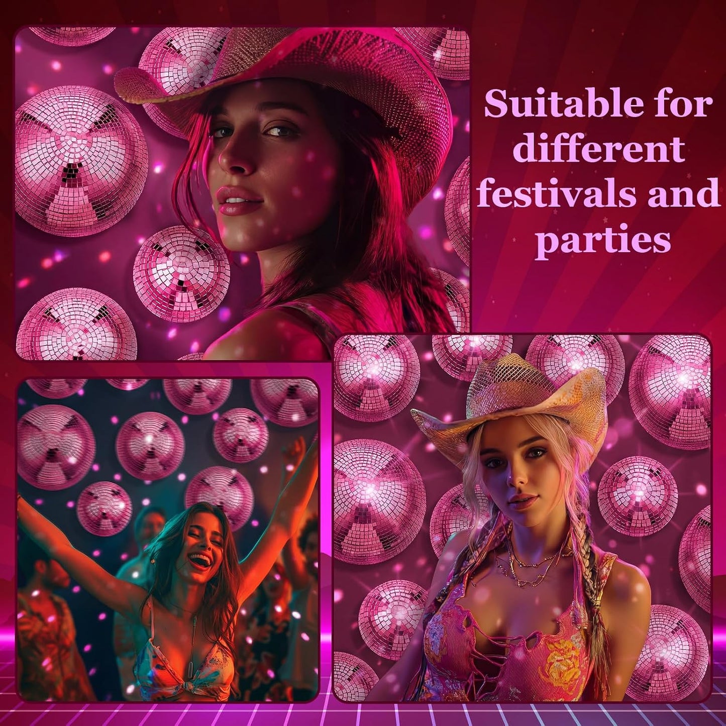 3 Pack Rose Pink Disco Ball Wall Decor 8/6/4 Inch 3D Half-Disco Ball Reflective Mirror Wall Art Self-Adhesive Aesthetic 70s 80s Sparkling Funky Party Decorations for Back to School Birthday