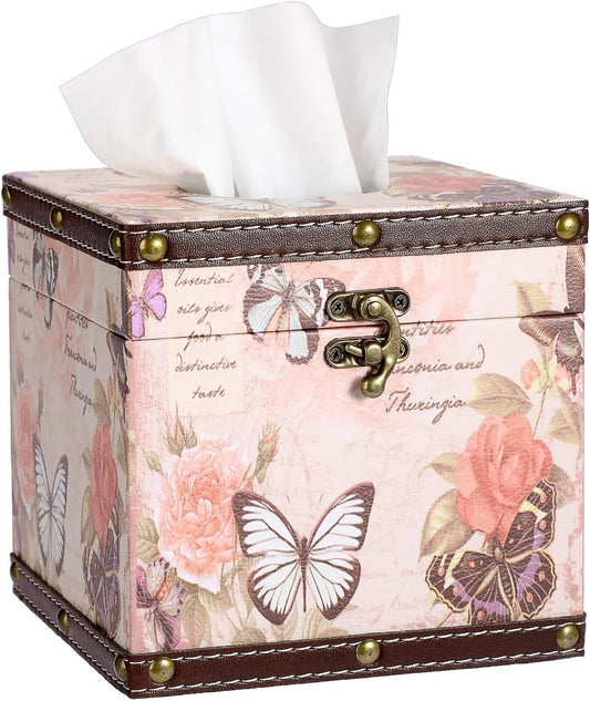 Vintage Tissue Box Cover, Wood Square Tissue Box Holder, Decorative Butterflies Design Faux Leather Tissue Holders for Table Bathroom Living Room Kitchen Office Car Home Decor, Pink (Butterfly)