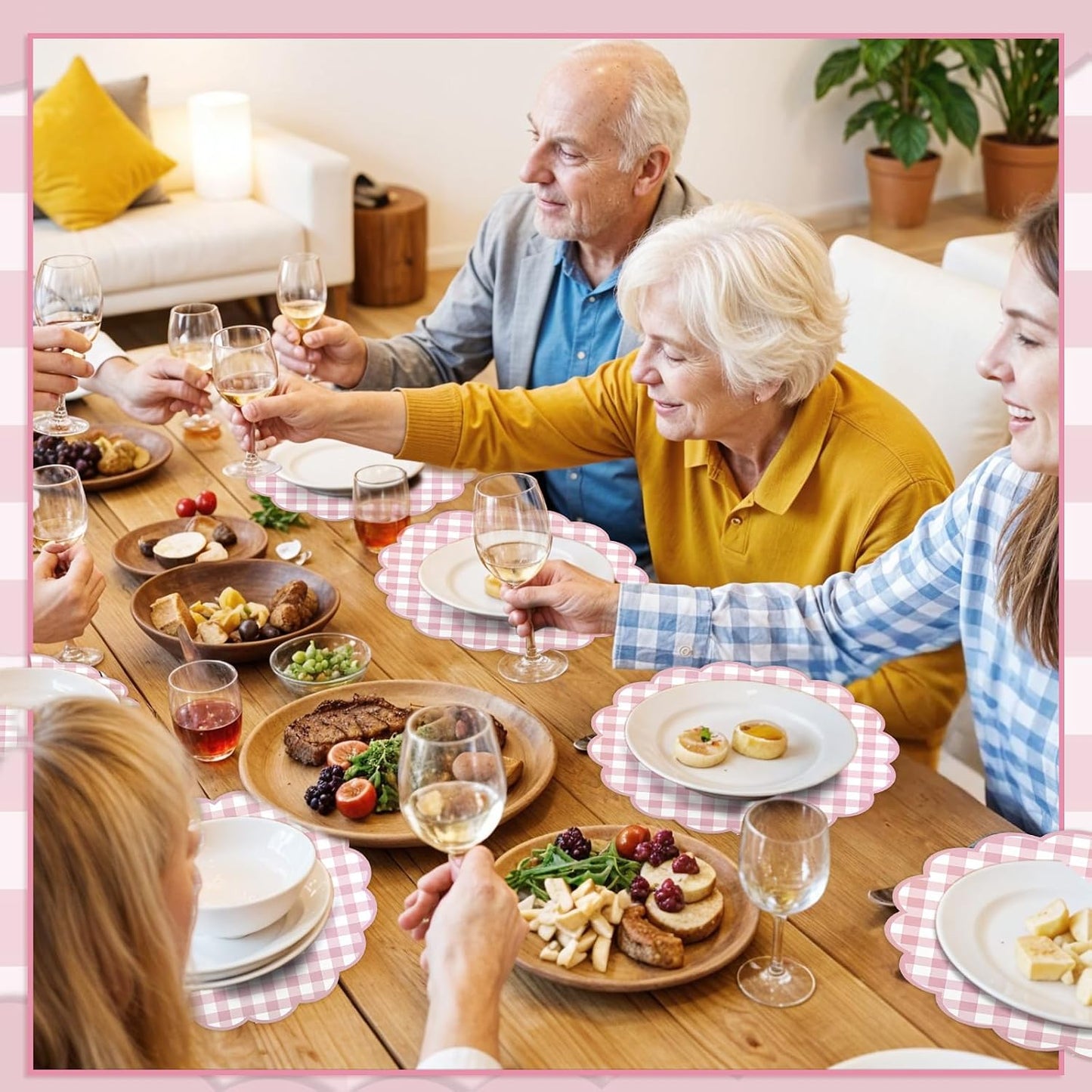 60 Pcs Pink and White Gingham Paper Placemats and 80 Pcs Pink Gingham Napkins